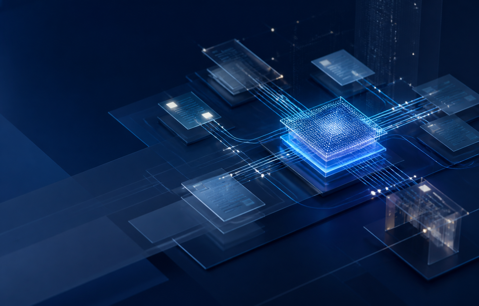 Abstract visualization of a connected AI research system